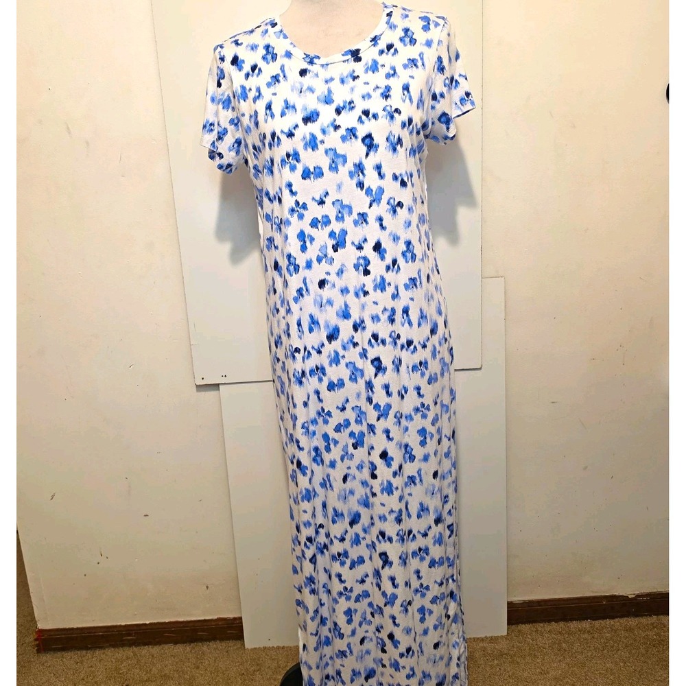 Michael Michael Kors Blue White Abstract Knit Scoop Neck Maxi Dress Sz M